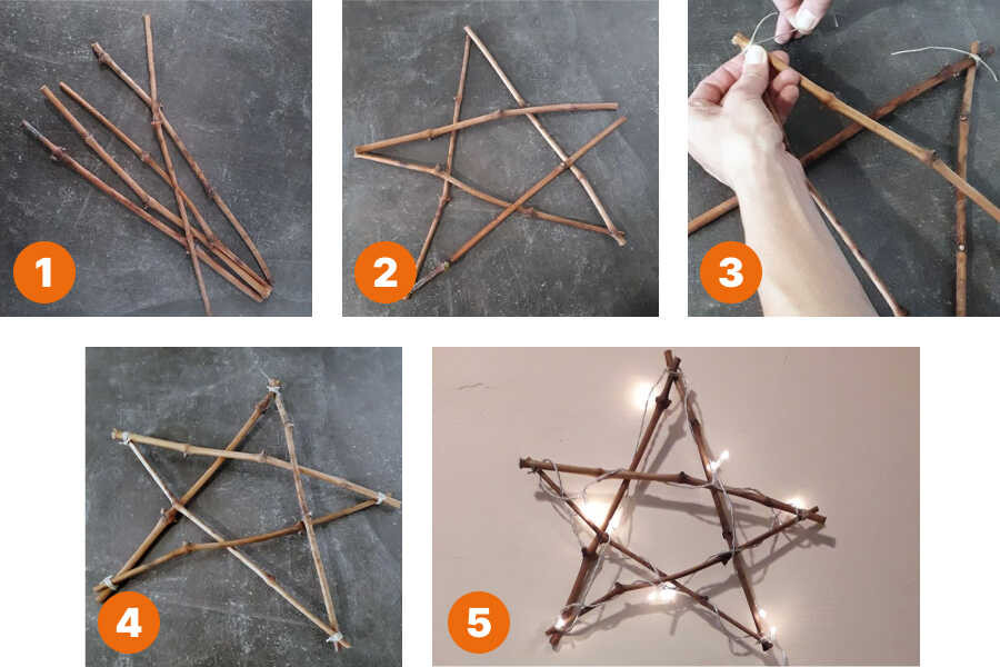 Karácsonyi fényfüzér csillag ágakból