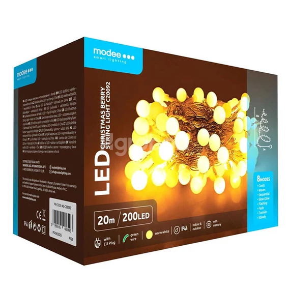 Karácsonyi fényfüzér 20 méteres, melegfehér